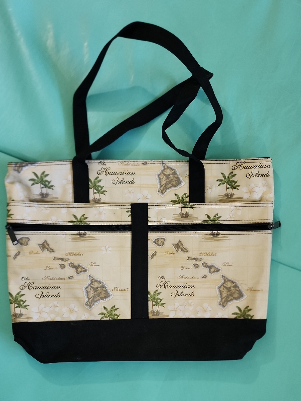 Hawaiian Islands Canvas Tote Bag in Cream and Black